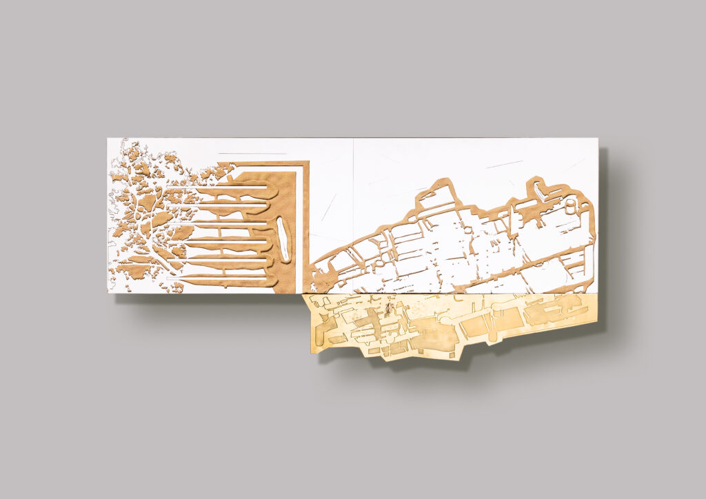 A land of silent echoes 27
Ceramic tile, brass and tin 
35.5 x 17 x 1.5 inches
2022